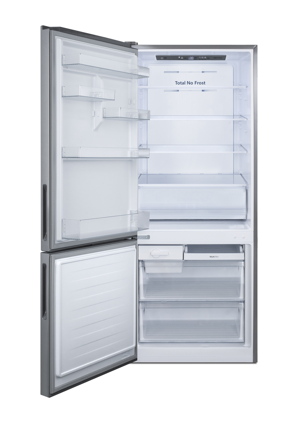 Frost-free ENERGY STAR certified bottom freezer refrigerator in stainless steel with digital controls and a counter depth fit